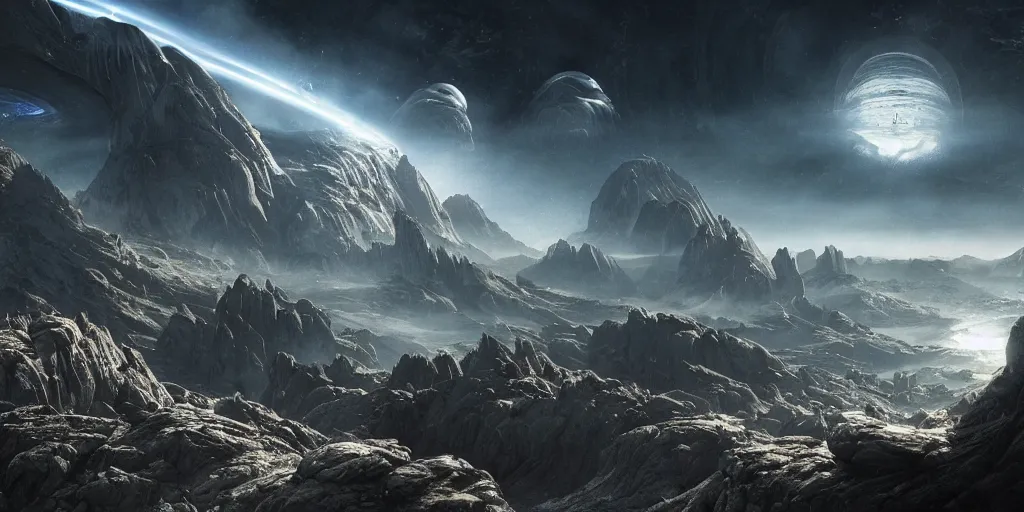 Prompt: alien environment with epic mountains and cliffs and planets in the sky by hans ruedi giger, epic lighting, cinematographic, 8 k, award winning, ultra detailed