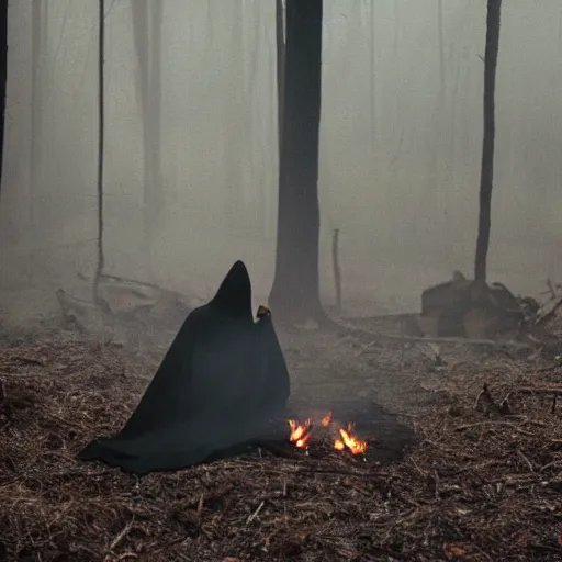 Prompt: a film still of witch women wearing layered linen cloaks floating in the air around a bonfire in a forest, smokey, low key, film grain, horror, spiderwebs,