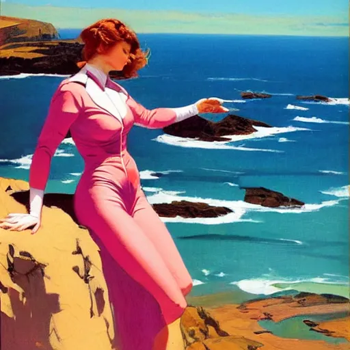 Prompt: an attractive female standing on a cliff, looking out at a pink ocean, by jc leyendecker!! phil hale!, angular, brush strokes, painterly, vintage, crisp