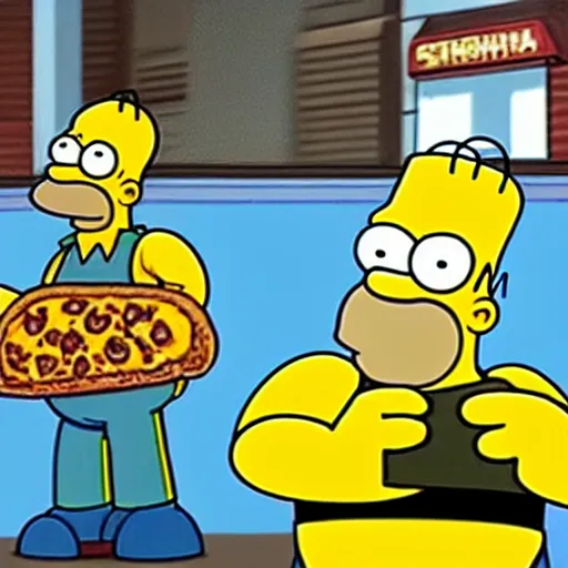 Image similar to homer simpson delivers pizza to the teenage mutant ninja turtles