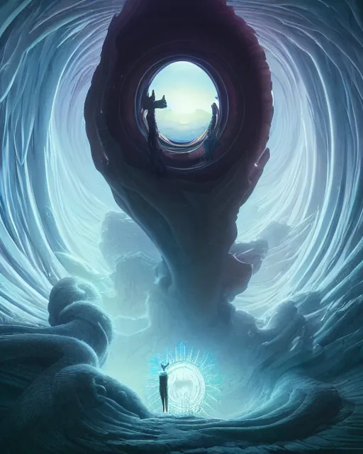 Image similar to highly detailed surreal vfx portrait of a sacred portal into a black hole of dreams, stephen bliss, unreal engine, greg rutkowski, loish, rhads, beeple, makoto shinkai and lois van baarle, ilya kuvshinov, rossdraws, tom bagshaw, alphonse mucha, global illumination, detailed and intricate environment