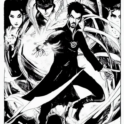 Prompt: pen and ink!!!! attractive 22 year old Dr. Strange Gantz marvel monochrome!!!! Frank Zappa x Ryan Gosling comic book Vagabond!!!! floating magic swordsman!!!! glides through a beautiful!!!!!!! battlefield magic the gathering dramatic esoteric!!!!!! pen and ink!!!!! illustrated in high detail!!!!!!!! graphic novel!!!!!!!!! by Hiroya Oku!!!!!!!!! and Frank Miller!!!!!!!!! published by Cartoon Network Adult Swim!! MTG!!! 2049 award winning!!!! full body portrait!!!!! action exposition manga panel