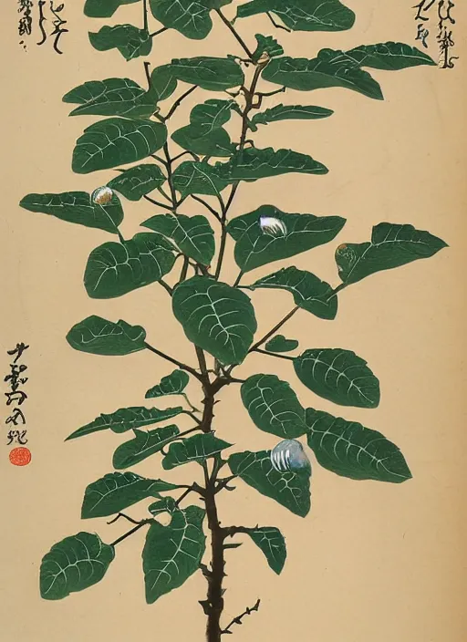 Prompt: scientific botanical illustration of a green plant with eyeballs instead of flowers, Ukiyo-e