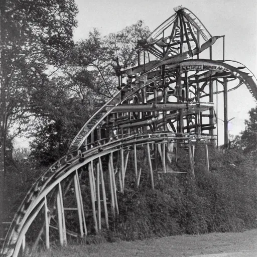 Prompt: vintage photo of a wooden rollercoaster