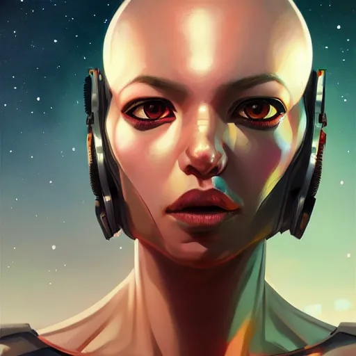 Prompt: A potrait of a cyborg alien with big and cute eyes, fine-face, realistic shaded perfect face, fine details. Night setting. Realistic shaded lighting poster by Ilya Kuvshinov katsuhiro, magali villeneuve, artgerm, Jeremy Lipkin and Michael Garmash, Rob Rey and Kentarõ Miura style, trending on art station