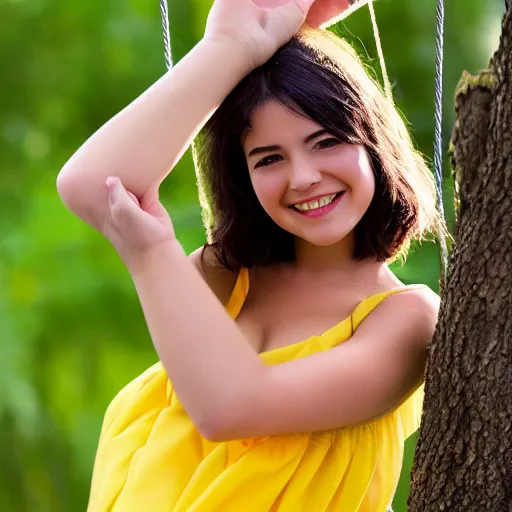 Image similar to a detailed portrait of a real cute girl on swing, wearing a yellow dress, smiling coy, award winning hd photo