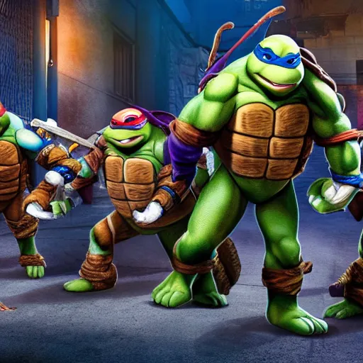 Image similar to Teenage Mutant Ninja Turtles sold at a pet store to different kids, cartoon, movie still, sad, uhd