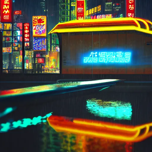 Image similar to cyberpunk flooded rainy south korea, seoul, boat, reflections, cinematic lighting, photorealistic, trending on artstation, storefronts made of neon lights, hyper realistic rendering photography, unreal 5 engine render, ultra wide angle, long shot, 8 k