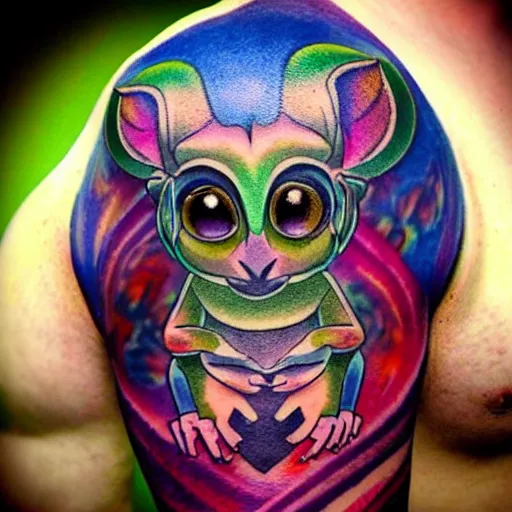 Image similar to shoulder tattoo of a multicolored psychedelic cute bush baby, eyes are colorful spirals, surrounded with colorful magic mushrooms and rainbowcolored marihuana leaves, insanely integrate