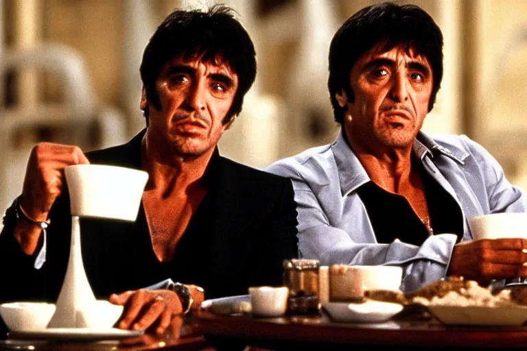 Image similar to tony montana from movie scarface 1 9 8 3 sitting behind a big black oak table with big large packages of flour. al pacino. perfect symmetric face, coherent eyes, medium shot, fine details, 4 k, ron cobb. last scene from scarface movie, bokeh