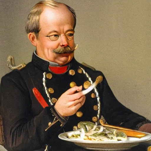 Image similar to Otto von Bismarck eating pickled Herring