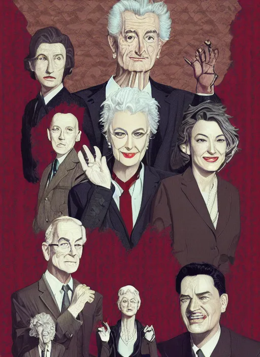 Prompt: twin peaks poster artwork by michael whelan and tomer hanuka, rendering of close up portrait, bea arthur, snake scale pattern on sweater vest, full of details, by makoto shinkai and thomas kinkade, matte painting, trending on artstation and unreal engine