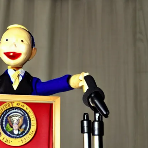 Prompt: marionette president in a podium giving a press conference