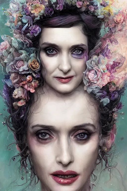 Image similar to closeup portrait shot of winona ryder as delirium of the endless, the sandman, the fairy queen, floral growth, thick fancy makeup, highly detailed, digital painting, artstation, concept art, soft focus, depth of field, artgerm, tomasz alen kopera, peter mohrbacher, donato giancola, wlop, boris vallejo