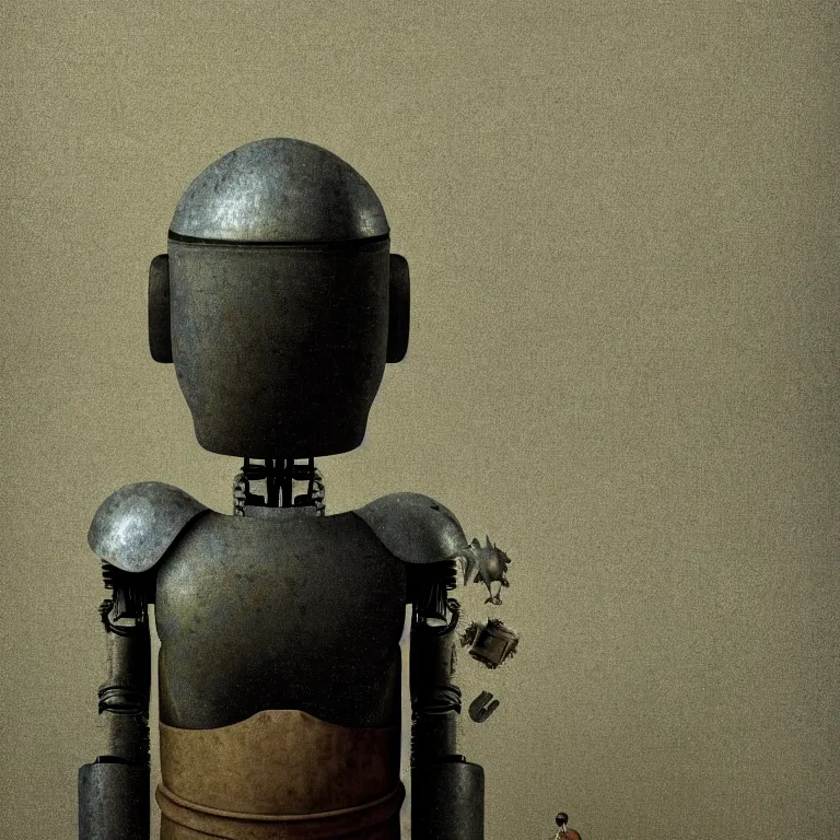 Image similar to still life of abandoned robot by hieronymus bosch, wide shot, soft glow bloom lucid dream - like ethereal atmosphere, baroque portrait painting, perfect composition, beautiful intricate detailed octane render trending on artstation, 8 k artistic photography, volumetric cinematic perfect light, chiaroscuro, masterpiece, raphael, caravaggio, rutkowski, beeple, beksinski
