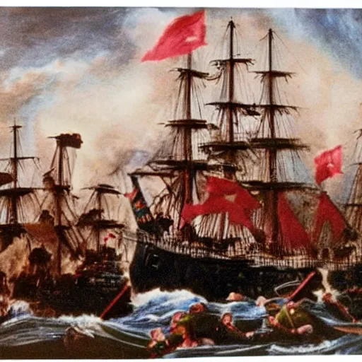 Prompt: super-8 footage of 18th century Trafalgar battle, award winning, real picture,