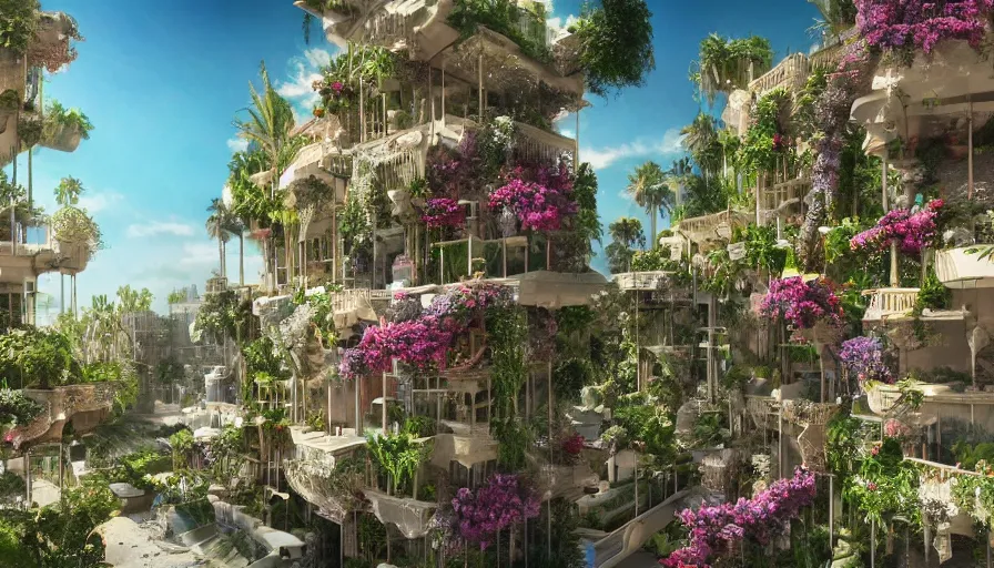 Image similar to hanging gardens of babylon, flowers, palms, arabic city, artstation