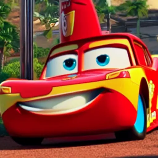 Prompt: Still image from a Disney movie of Lightning Mcqueen working at McDonalds