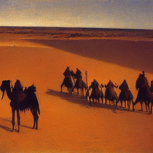 Image similar to camel caravan, timbuktu, by henry ossawa tanner, at sunrise