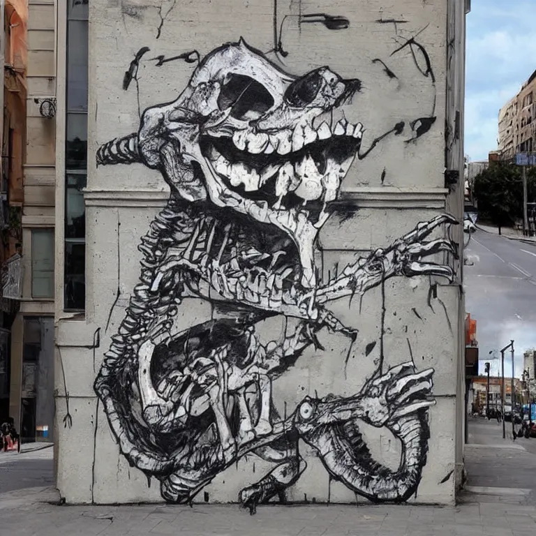 Image similar to Street-art painting of cute crocodile-skeleton in style of Banksy, comic character, cute skeleton, cartoon style, photorealism