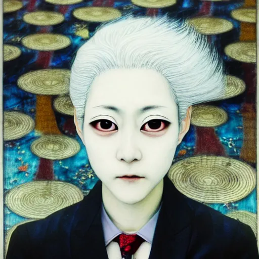 Image similar to yoshitaka amano blurred and dreamy realistic three quarter angle portrait of a woman with white hair and black eyes wearing dress suit with tie, junji ito abstract patterns in the background, satoshi kon anime, noisy film grain effect, highly detailed, renaissance oil painting, weird portrait angle, blurred lost edges