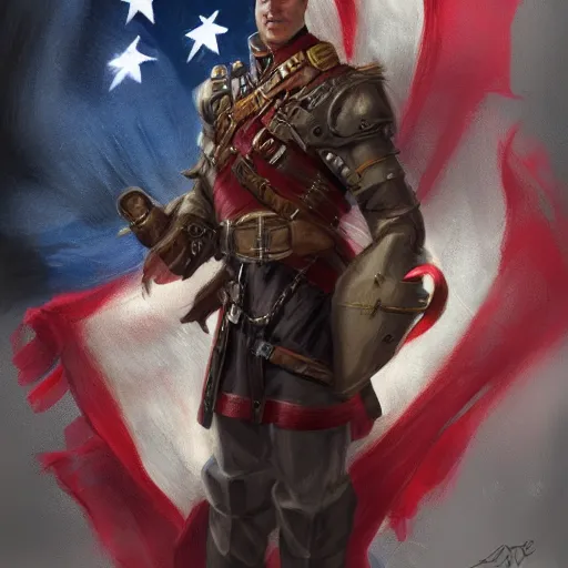 Image similar to portrait of a man in a continental battlecoat with an american flag belt, D&D, fantasy, elegant, hopeful, muscular, highly detailed, digital painting, artstation, concept art, smooth, sharp focus, illustration