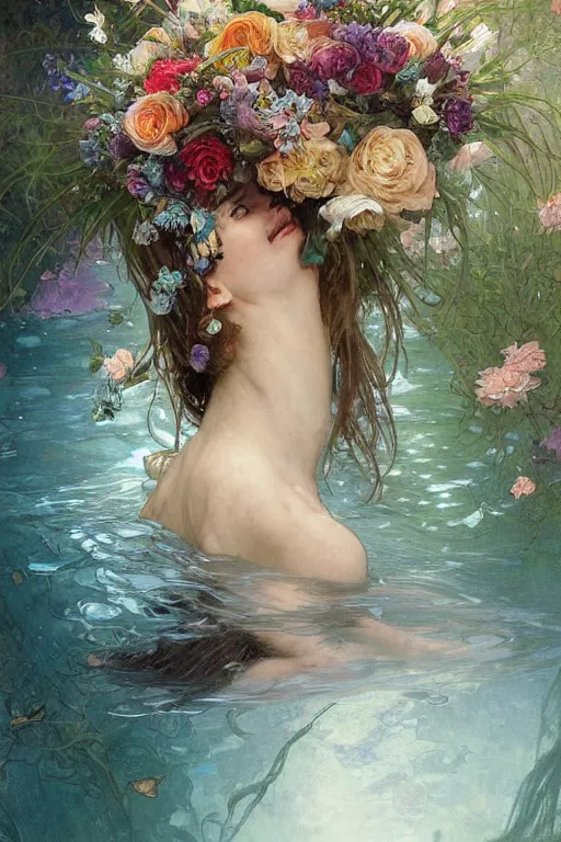 Image similar to portrait of a beautiful mysterious woman holding a bouquet of flowing flowers, hands hidden under the bouquet, lying half submerged in a pool of water, fantasy, regal, intricate, by stanley artgerm lau, greg rutkowski, thomas kindkade, alphonse mucha, loish, norman rockwell