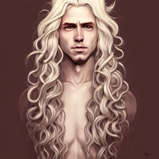 Image similar to Lucius the pale blond androgynous god of the sun, highly detailed, very very very long curly blond hair, extremely luscious curly blond hair, baroque curls, very very very pale white skin, digital painting, artstation, concept art, soft light, sharp focus, illustration