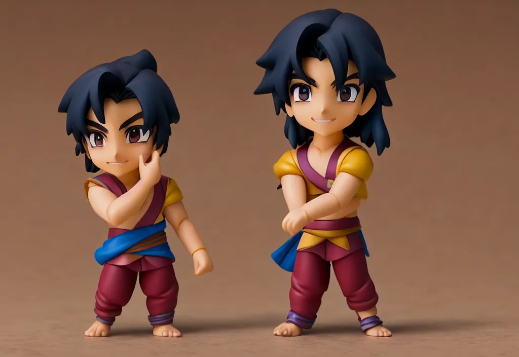 Image similar to side view of young aladdin as nendoroid running in desert village, 8 k hd dof, kodak film,