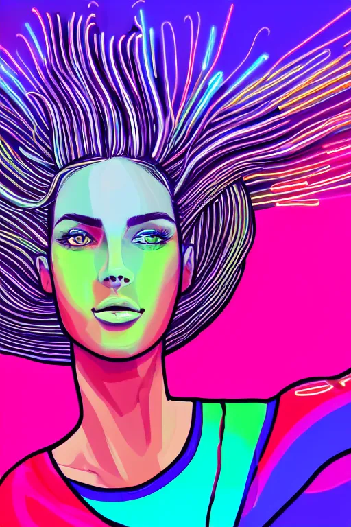 Image similar to a award winning half body portrait of a beautiful woman with stunning eyes in a croptop and cargo pants with rainbow colored ombre hairstyle head in motion and hair flying by thomas danthony, outlined by whirling illuminated neon lines, outrun, vaporware, shaded flat illustration, digital art, trending on artstation, highly detailed, fine detail, intricate