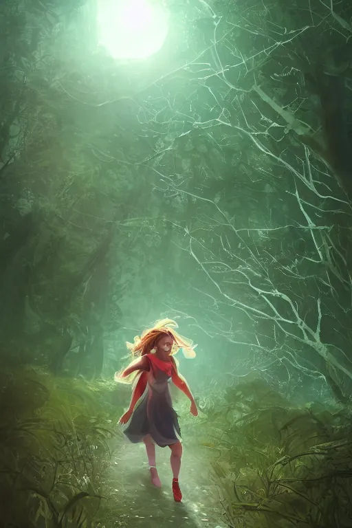 Prompt: young woman trying to walk through heavy winds in tall overgrown forest, encountering a magical orb, award winning illustration, artstation