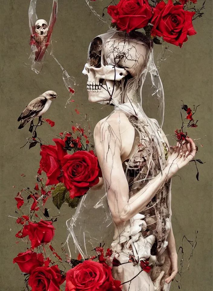 Prompt: transparent transparent transparent woman in a mask of a bird\'s skull with a wreath of roses, dressed in a dress dress dress of red boiling liquid wax wax wax, from under which the bones of the skeleton are visible, flying around the bird bird bird, buds and rose petals, dark background, painted by Caravaggio, Greg rutkowski, Sachin Teng, Thomas Kindkade, Alphonse Mucha, Norman Rockwell, Tom Bagshaw.