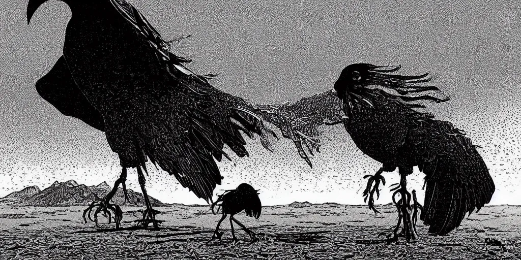 Image similar to weird west, giant crow blocking out the sun, desaturated delicate illustration by moebius jean giraud