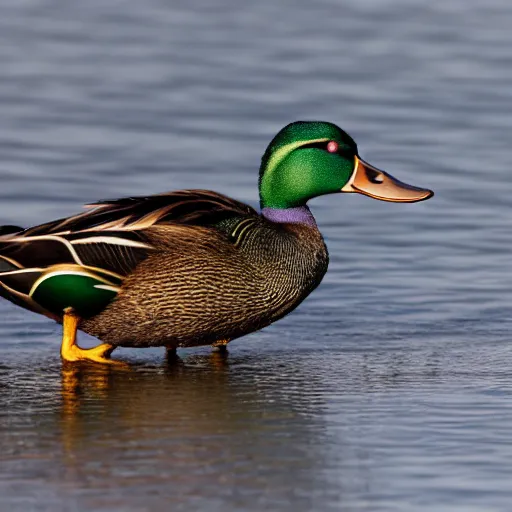 Prompt: photo of a mallard with a gold necklace