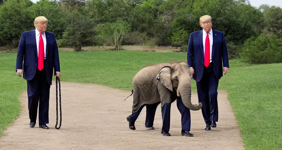 Image similar to a photo of donald trump walking an elephant on a leash