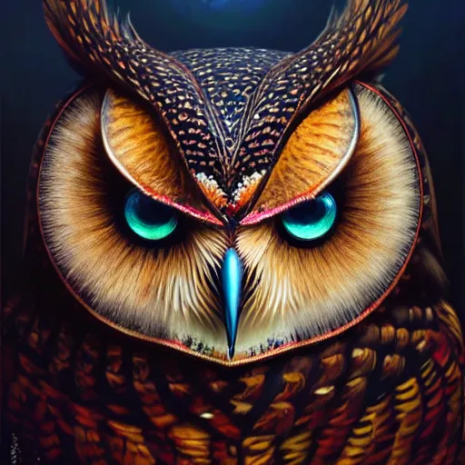 Image similar to a ultradetailed beautiful concept art of a an intricate wooden mask of an owl painted with beautiful colors, but the mask hide some dark secret, photorealism, ome reflexion in eyes, sharp details, volumetric light, high resolution 4 k, by tom bagshaw, greg rutkowski, charli bowater and artgeem