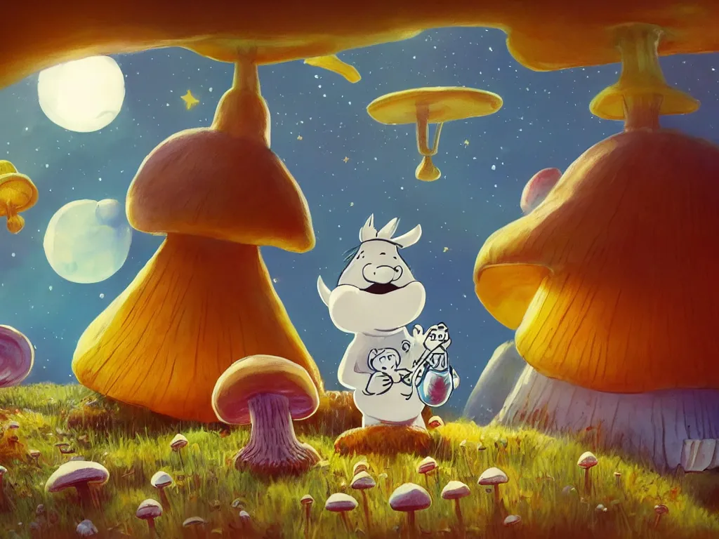 Image similar to moomins in a space suit discovering the mushroom planet, looking cute, photorealistic painting, movie still, warm colors, fluffy, cozy, low light, trending on artstation