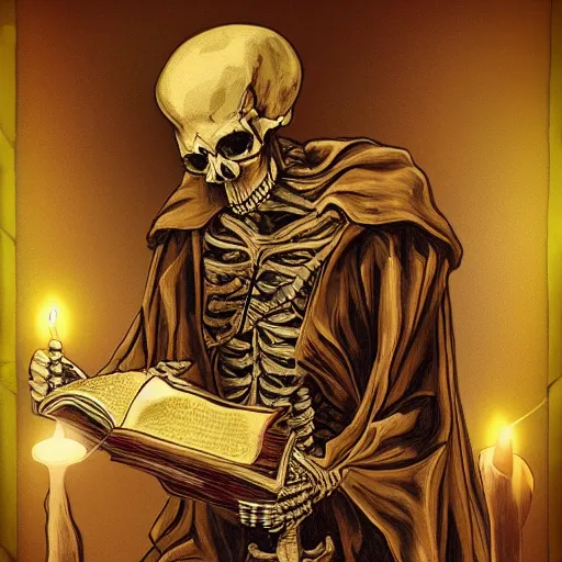 Image similar to hyper realistic skeleton wizard in a magic robe holding a golden staff reading a scroll