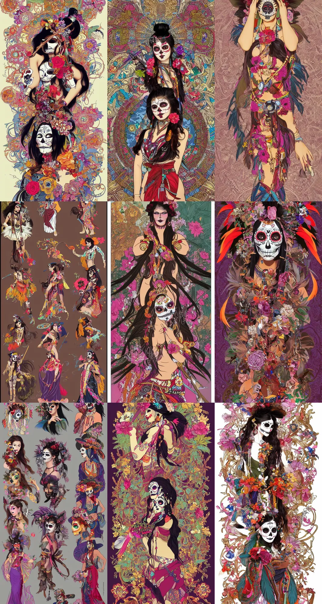 Prompt: Character fashion spot illustrations of Native American and Chinese and pirate and Dia De Los Muertos culture crossover, colorful, full-body, bloom, dynamic poses, diaphanous cloth, intricate crystalline and feather jewelry, ornate, filigree, arcane, cinematic lighting, by Artgerm, by Alphonse Mucha, by Bouguereau, by Sakimichan, fantasy, portfolio illustration, highly detailed, trending on Artstation, CGsociety, HQ, 8k, 35mm lens, f2.8, Bokeh,