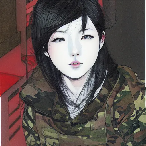 Image similar to Ahri, multicam, illustration by Takehiko Inoue, portrait