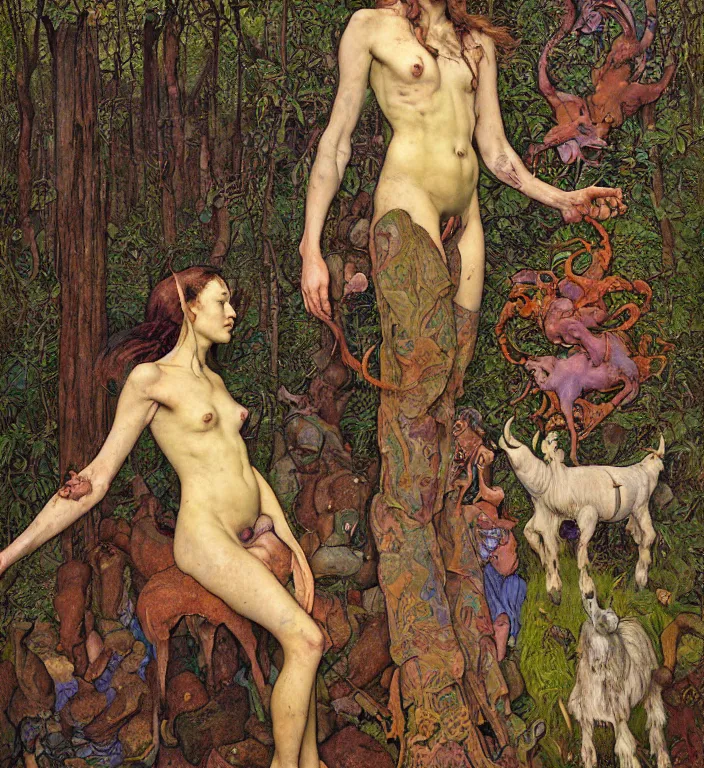 Image similar to pixelated corrupted professional pre-raphaelite defined colours 4k uncropped photo of a person in the forest with a goat and a robot by Ivan Bilibin, Austin Osman Spare, Norman Rockwell, high quality, ultra detailed. Beksinski painting, part by Adrian Ghenie and Gerhard Richter. art by Takato Yamamoto. masterpiece, oil on canvas painting, pixelart, vivid acid neon colours.