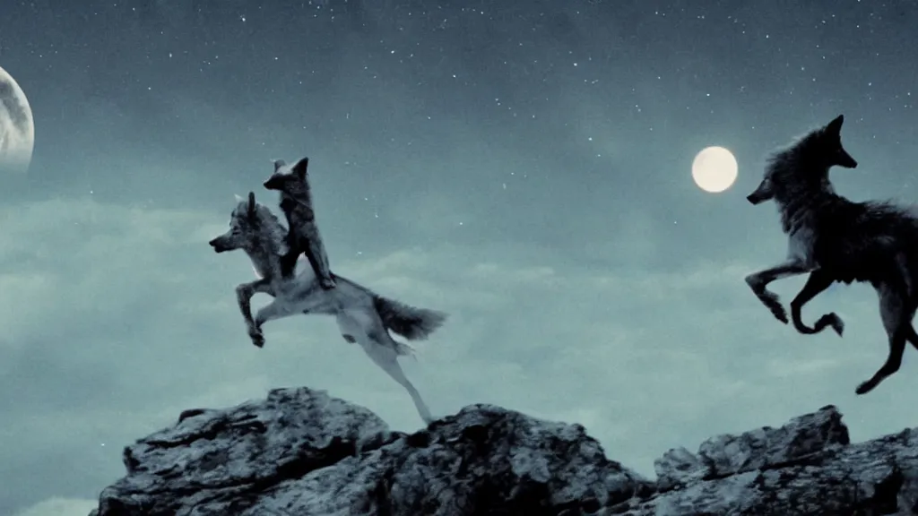 Image similar to epic cinematic shot of david bowie riding a (wolf) at night on a cliff with the moon in the background;