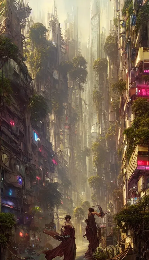 Prompt: hyper realistic cyberpunk city, busy crowded market street overtaken by lush plants, gnarly trees by tom bagshaw, mucha, gaston bussiere, craig mullins, j. c. leyendecker 8 k