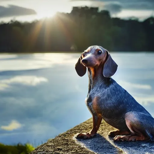 Image similar to an elderly, grey wire-haired dachshund floating in heaven, blue sky, surrounded by beautiful white clouds, with a halo