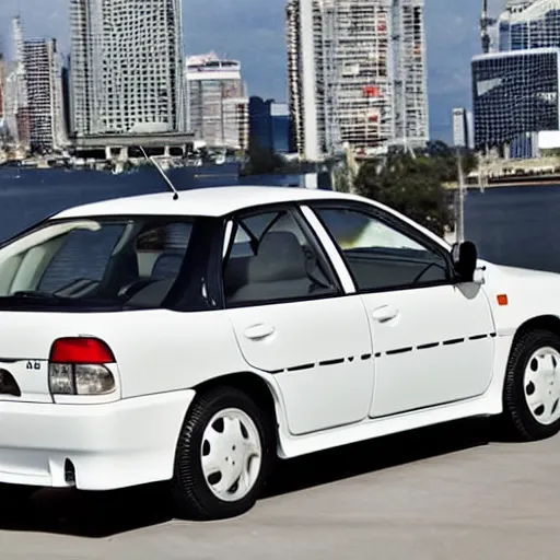 Prompt: 1995 Mitsubishi Lancer, city views, professional photography