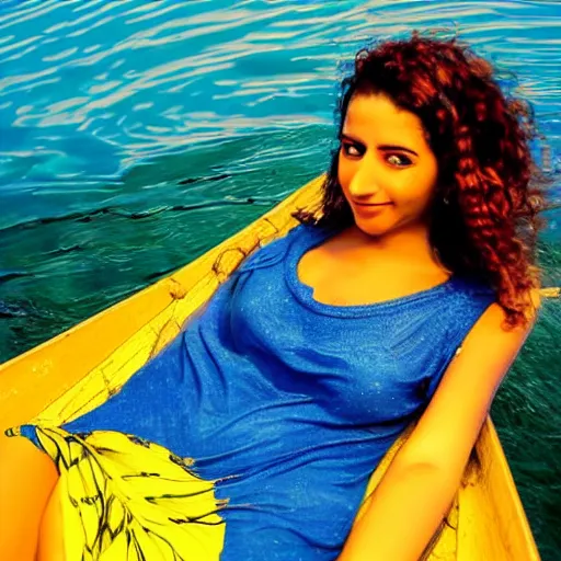 Image similar to beautiful egypt beautiful woman relaxing on sunset river with yellow coloured fish, coloured high detailed photo, sunset