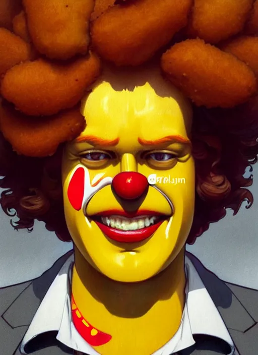 Image similar to close up portrait of ronald mcdonald, yellow jumper with white collar, fries and chicken nuggets swirling by artgerm, cushart krenz, greg rutkowski, mucha. art nouveau. gloomhaven, golden arches logo, pale colors, sharp edges. ultra clear detailed. 8 k. elegant, intricate, octane render