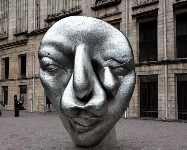 Image similar to by francis bacon, louise bourgeois, bruno catalano, mystical photography evocative. an intricate fractal concrete and chrome brutalist carved sculpture of the secret faces of god, standing in a city center.