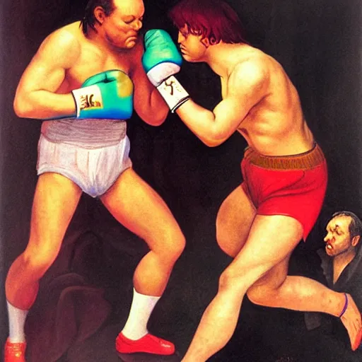 Prompt: Orson Welles boxing with Axl Rose, renaissance art, colorful