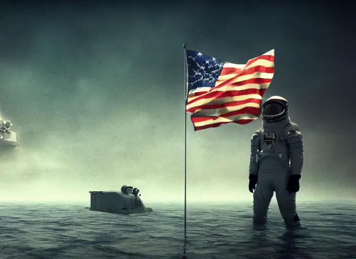 Image similar to astronaut holding a flag in an underwater desert. a submarine is visible in the distance. dark, concept art, cinematic, dramatic, atmospheric, 8 k, trending on artstation, blue, fish, low visibility, fog, ocean floor, christopher nolan, interstellar